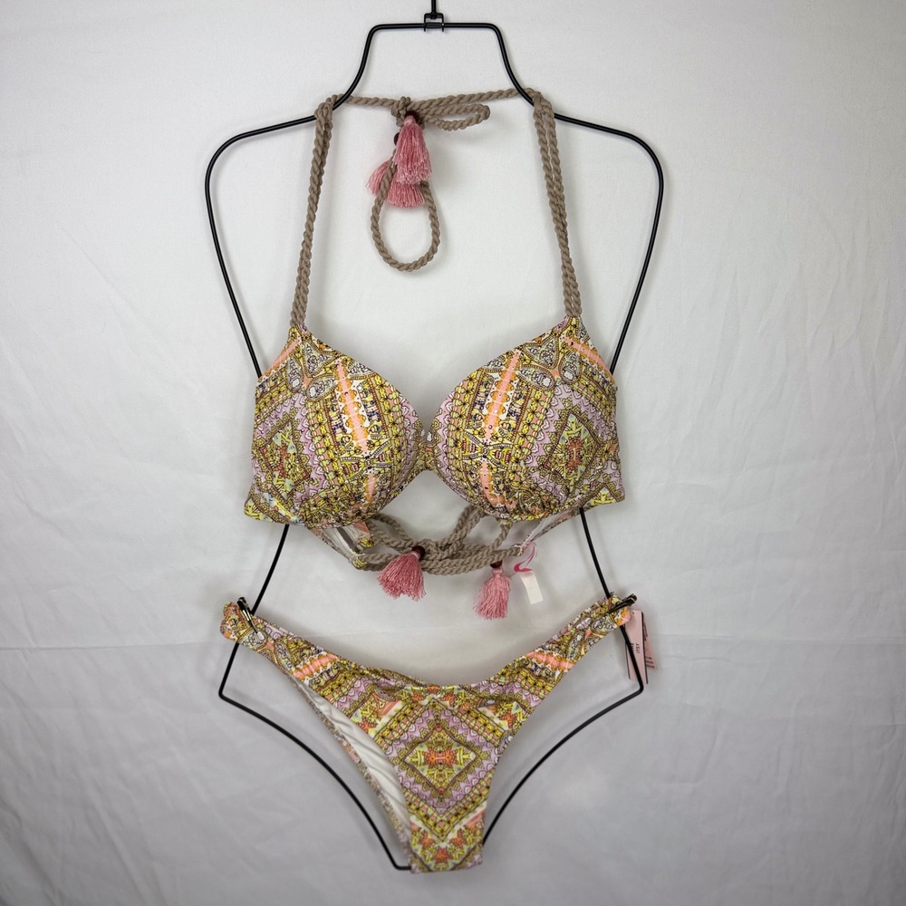Victoria's Secret Bikini Set Women 34D/M Pink Paisley Tassel Push Up Two Piece